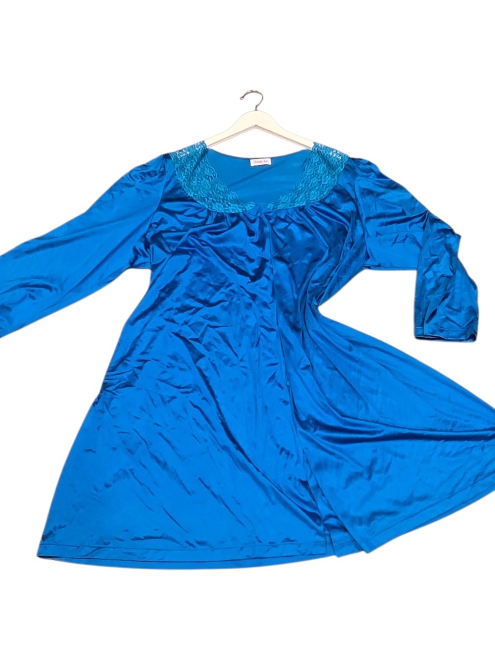 Vanity Fair Plus Sz BBW 3X Silky Lacey Collar Turquoise Blue Nightie Nightgown